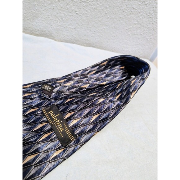 Palatina Men's 100% Imported Silk Necktie Blue Gold Abstract Print Made In USA - Picture 6 of 7
